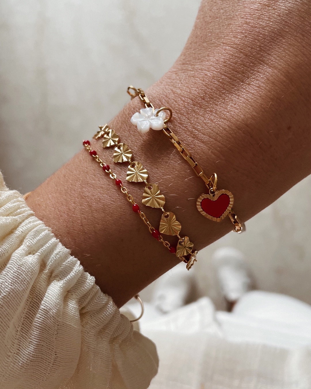 Bracelet Tissé Coeurs Rouge et Doré - Sozély