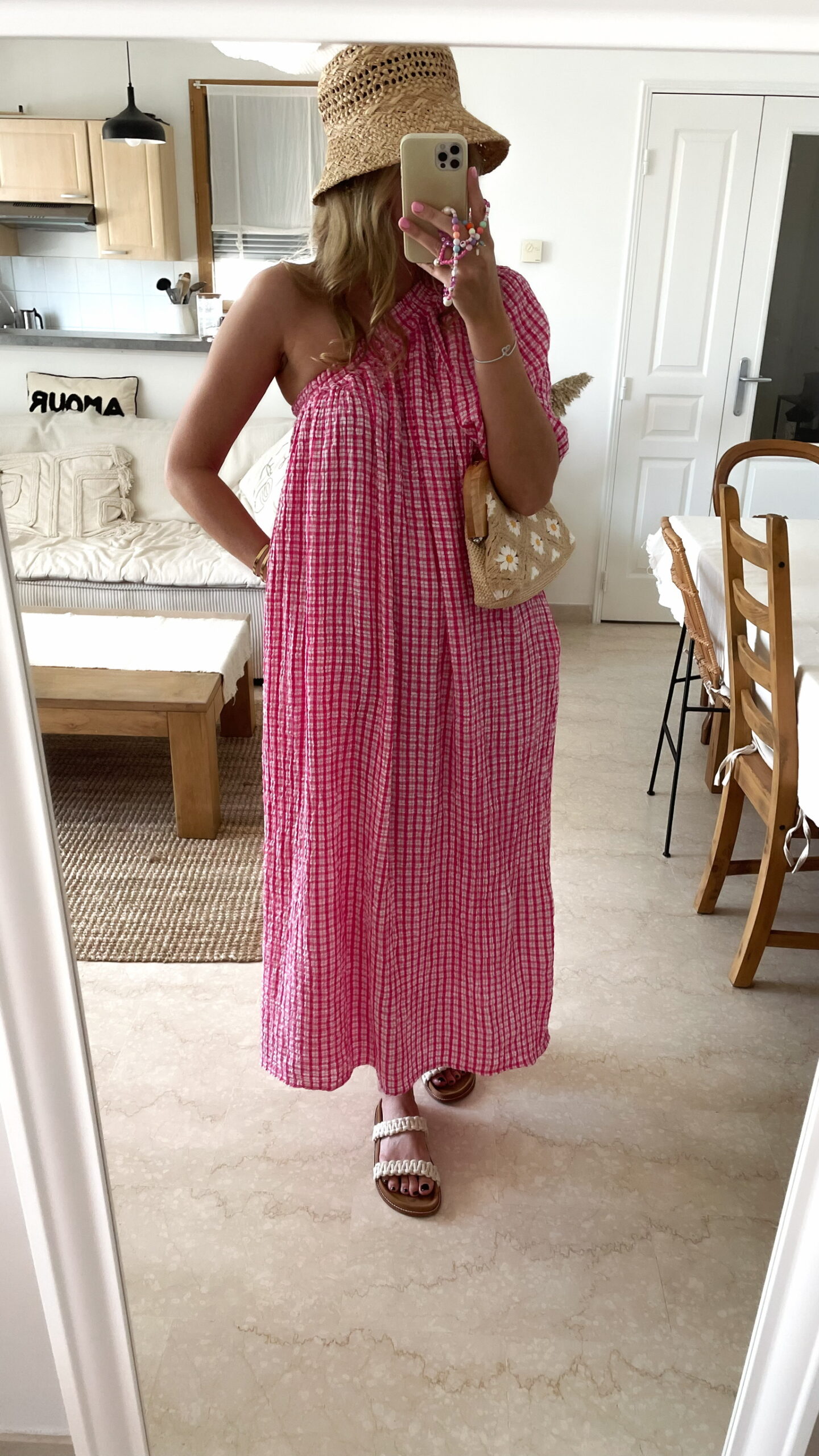 Robe One Shoulder Vichy Rose
