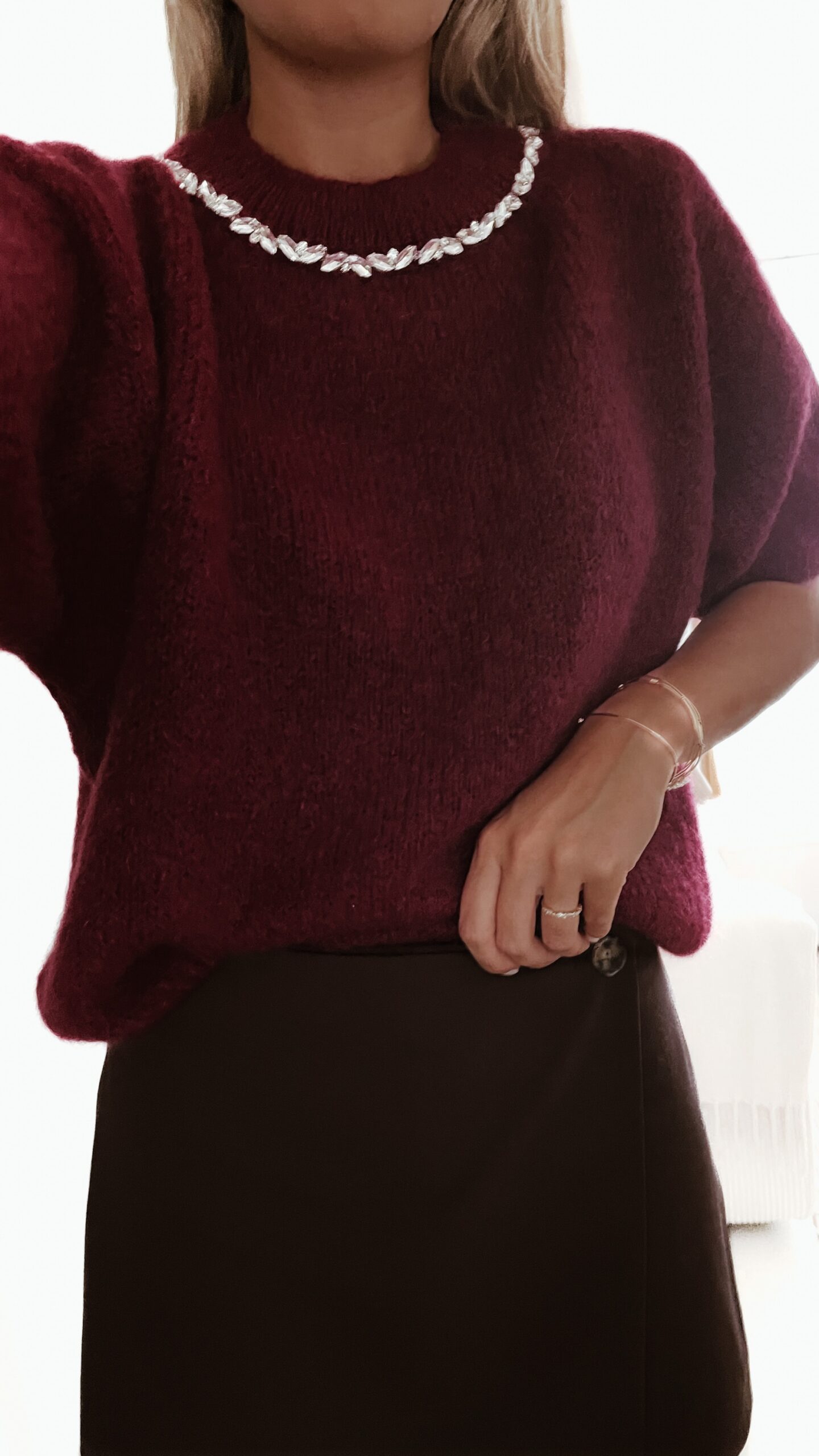 Alternative view of Pull Maille Bordeaux Diamant