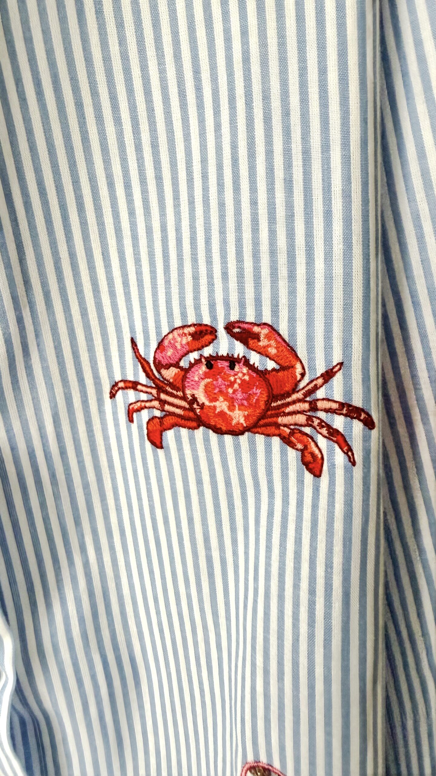 Chemise femme rayée bleue et blanche avec broderies marines colorées (flamant rose, crabe, étoile de mer et coquillages)
