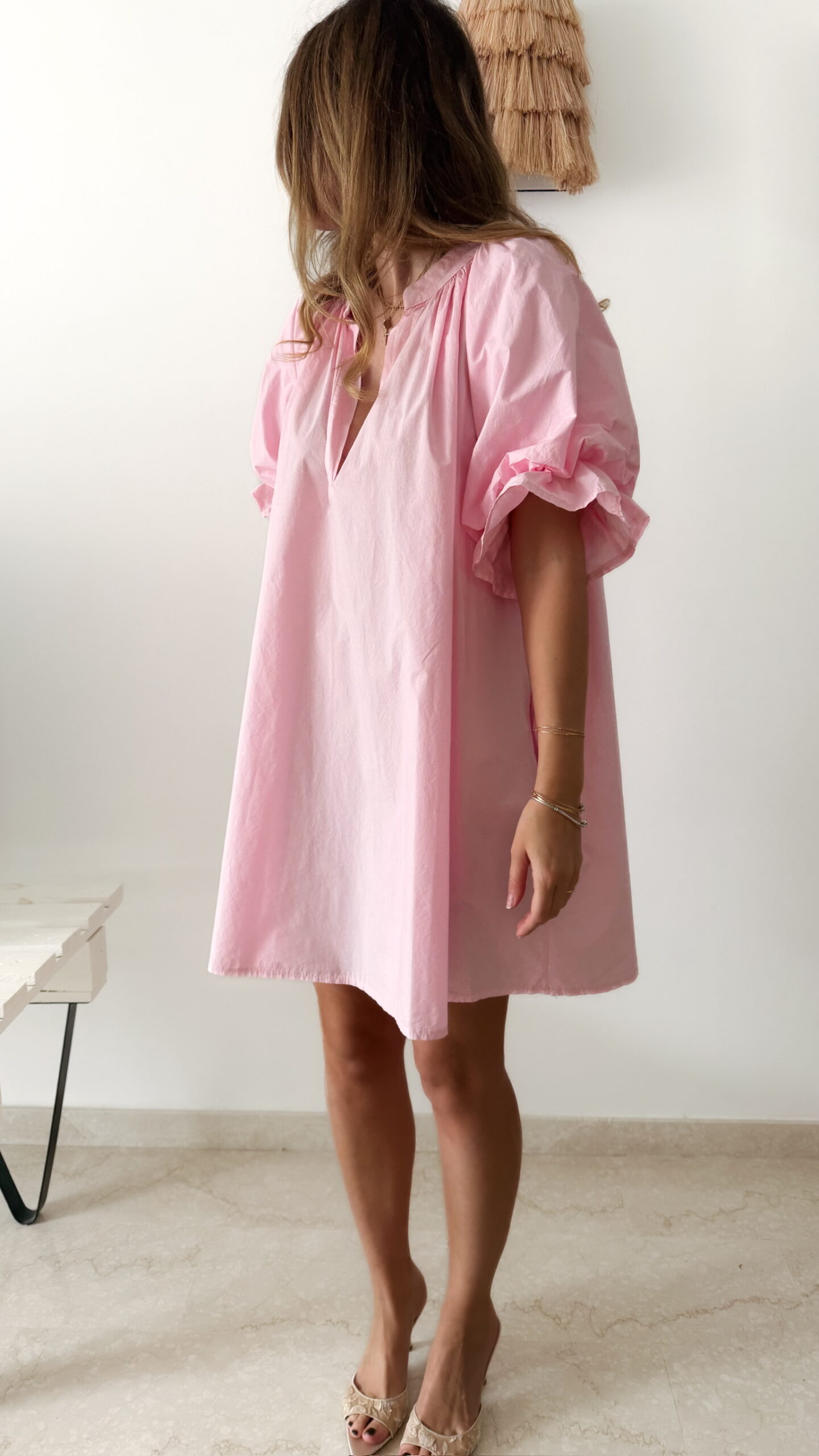 Robe courte rose en popeline bohème chic pour femme