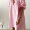 Robe courte rose en popeline bohème chic pour femme