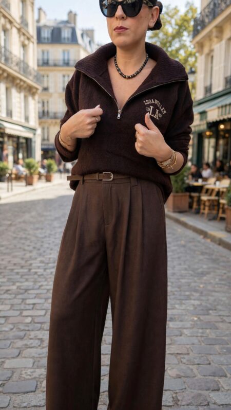 Pull marron femme Los Angeles à col montant zippé, associé à un pantalon large marron pour un look chic et décontracté.