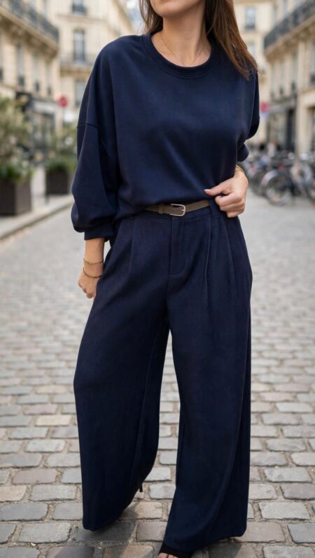 Sweat-shirt femme bleu marine à coupe ample avec pantalon large assorti, tenue décontractée chic.