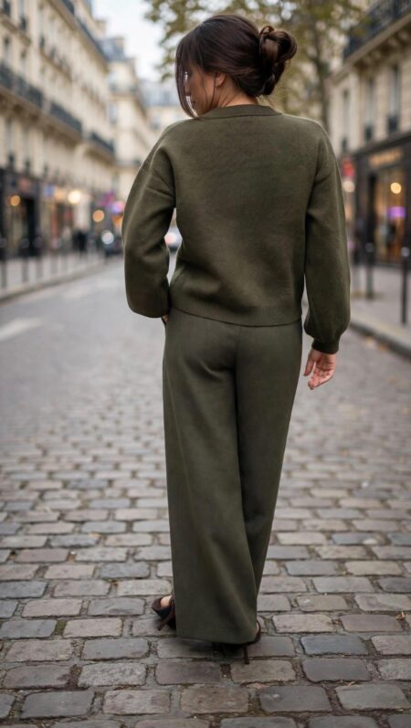 Ensemble femme kaki composé d’une veste style officier à boutons dorés et d’un pantalon droit taille haute, look chic et élégant.