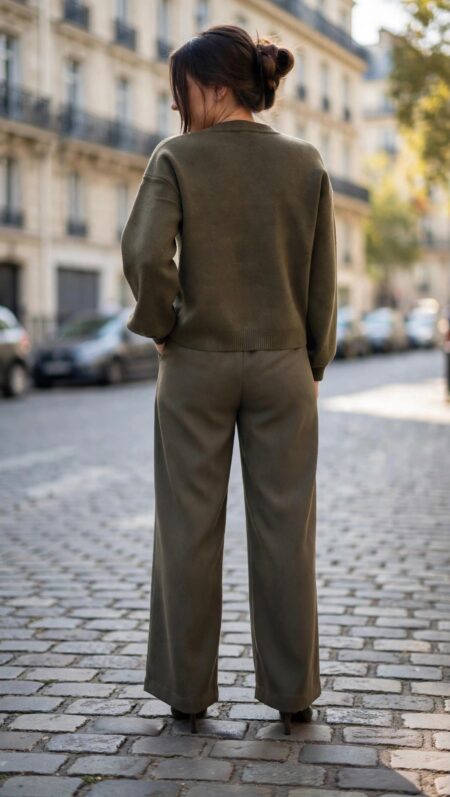 Ensemble femme kaki composé d’une veste style officier à boutons dorés et d’un pantalon droit taille haute, look chic et élégant.