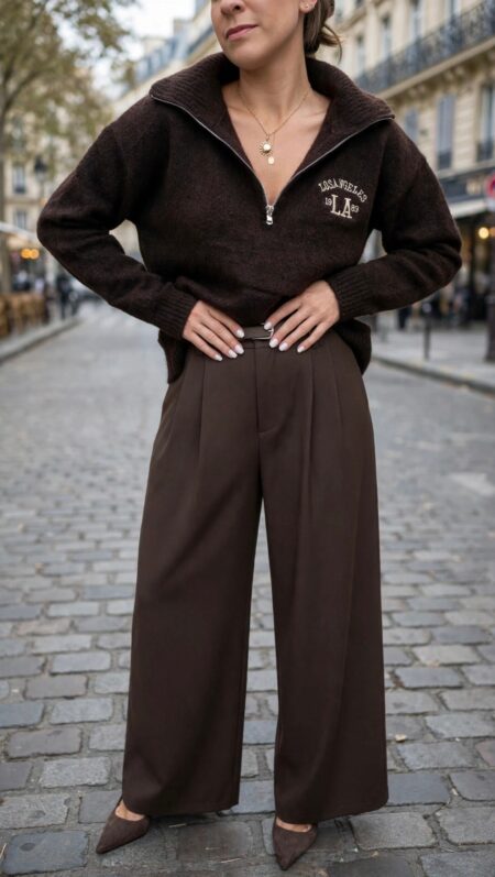 Pull marron femme Los Angeles à col montant zippé, associé à un pantalon large marron pour un look chic et décontracté.