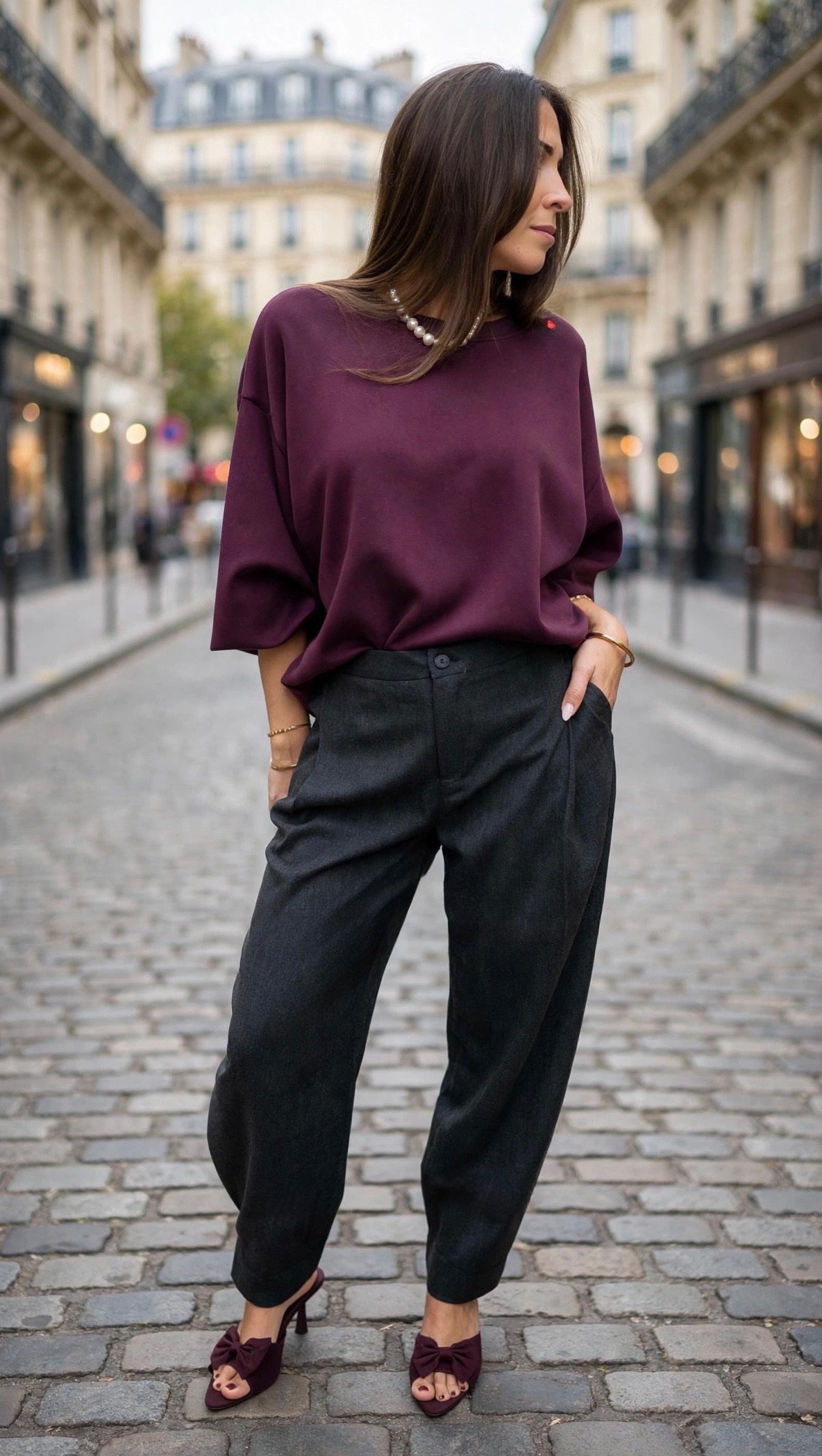Sweat-shirt femme bordeaux coupe ample avec pantalon noir taille haute, tenue chic décontractée.