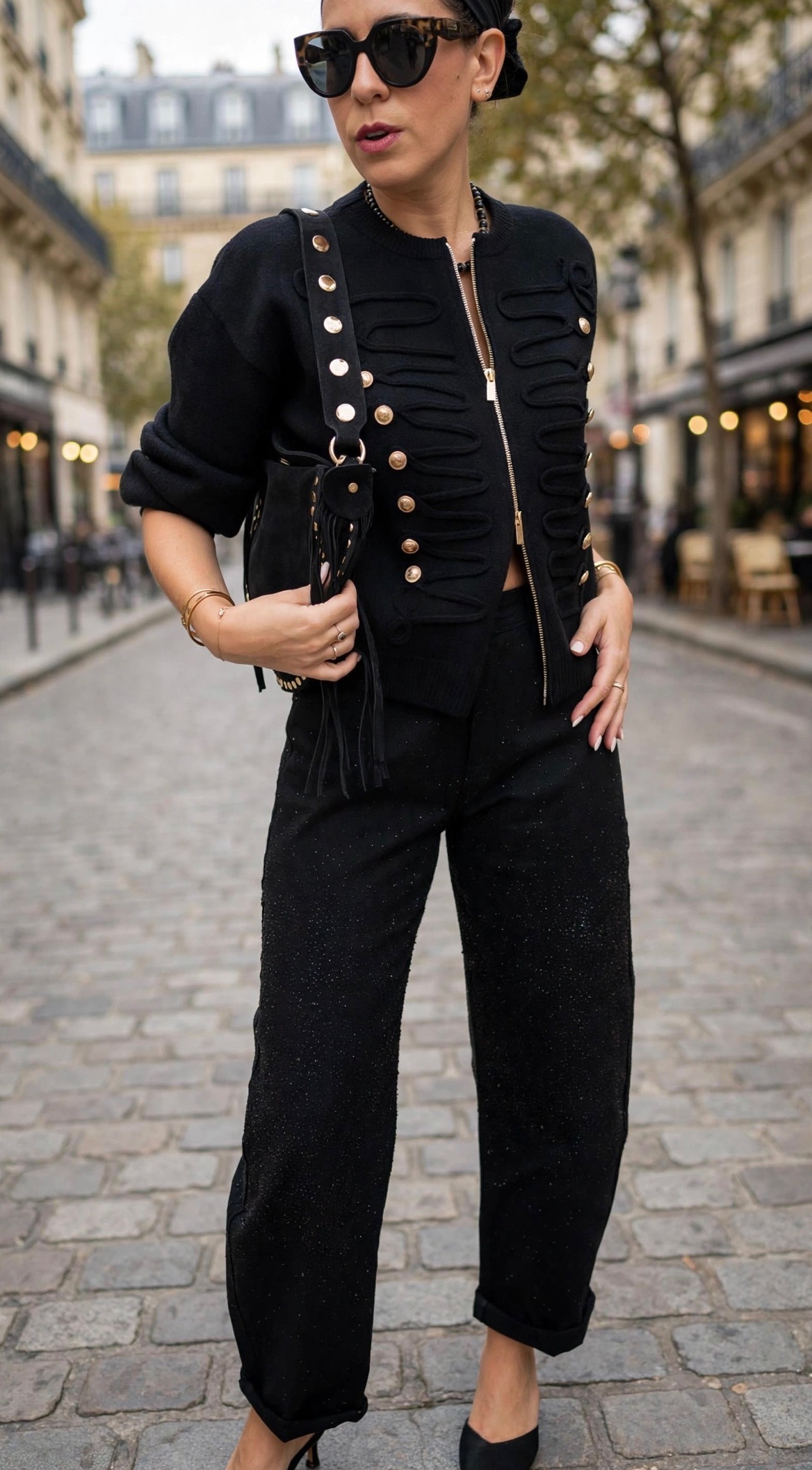 Femme portant une veste noire style officier à boutons dorés, un pantalon noir orné de strass et un sac à main clouté noir, pour un look chic et tendance.